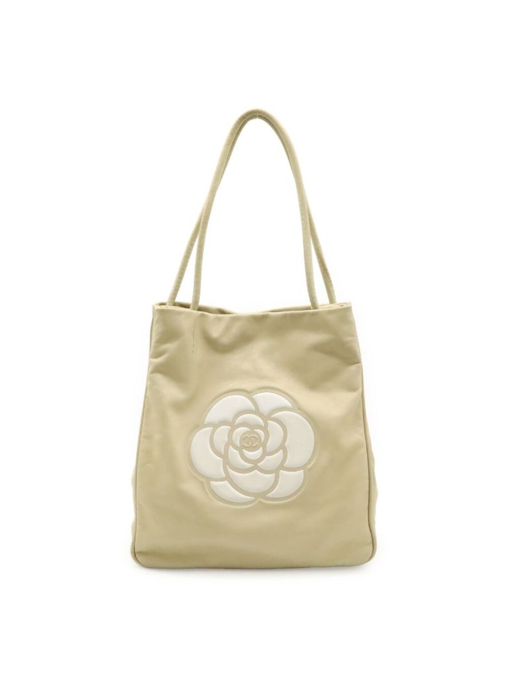 Chanel Camellia Logo Tote Shoulder Bag Leather Beige White Gold